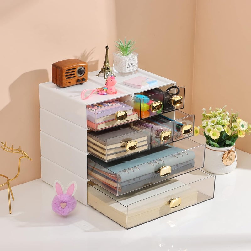 OSteed Spacious Desktop Storage Box, 2 Large Storage Drawers, Stackable Office Desk Drawer Organizer and Accessories, Printer Paper Organizer, White Plastic Drawers for Workspace - Image 2